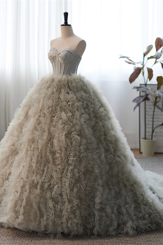 Grey Strapless A-line Ruffle-Layers Long Prom Dress
