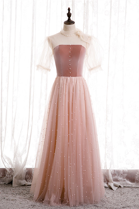 Pink High Neck Short Sleeves A-Line Party Evening Dress