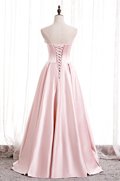 Elegant Satin A-Line Strapless Party Evening Dress With Pearls