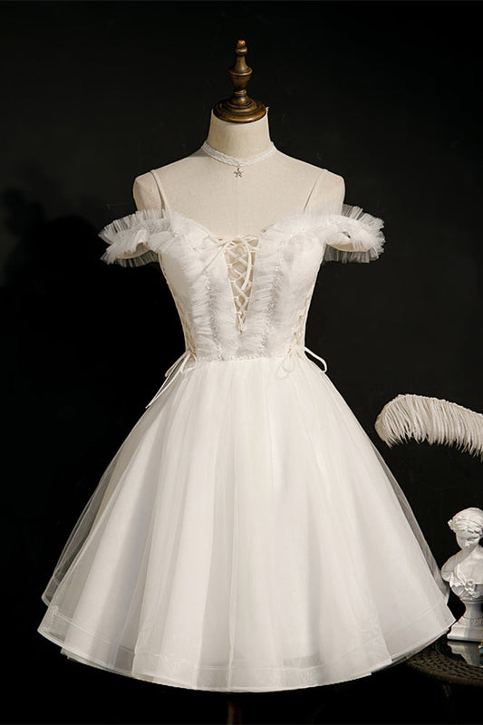 Ivory Off-the-Shoulder Straps Ruffle Lace-Up Beaded Homecoming Dress