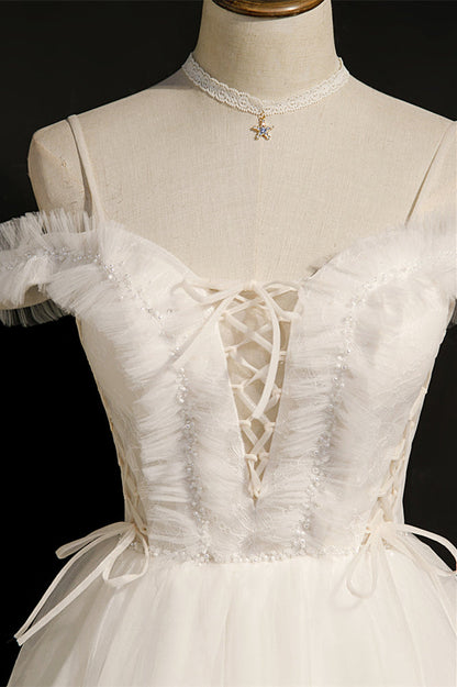 Ivory Off-the-Shoulder Straps Ruffle Lace-Up Beaded Homecoming Dress