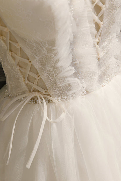 Ivory Off-the-Shoulder Straps Ruffle Lace-Up Beaded Homecoming Dress