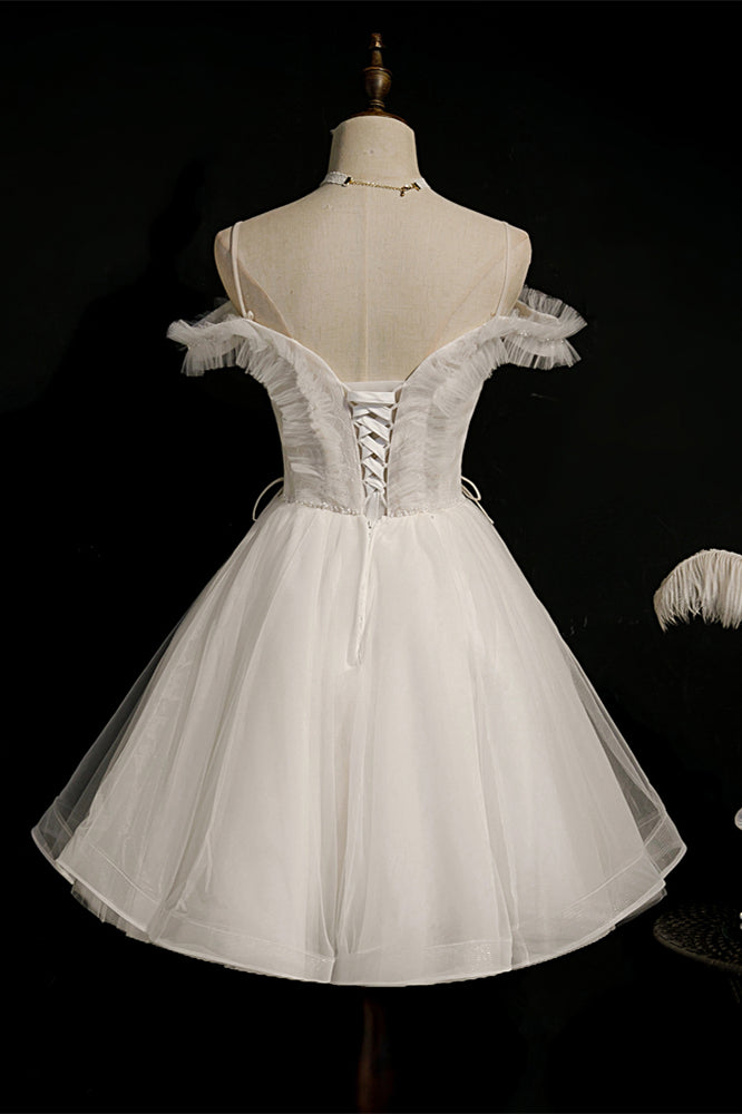 Ivory Off-the-Shoulder Straps Ruffle Lace-Up Beaded Homecoming Dress