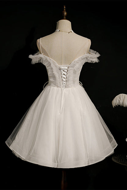Ivory Off-the-Shoulder Straps Ruffle Lace-Up Beaded Homecoming Dress