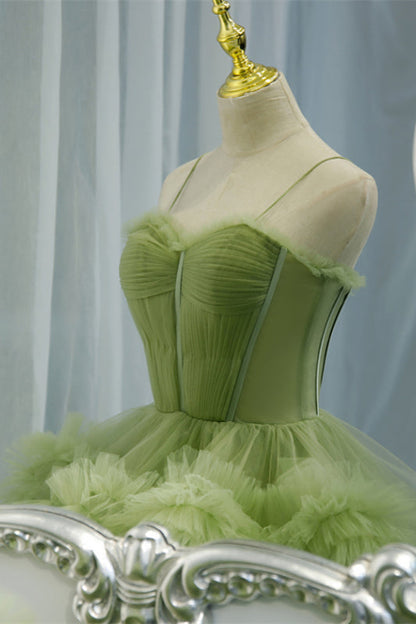 Light Green Straps Ruffle-Layers Pleated Maxi Formal Dress