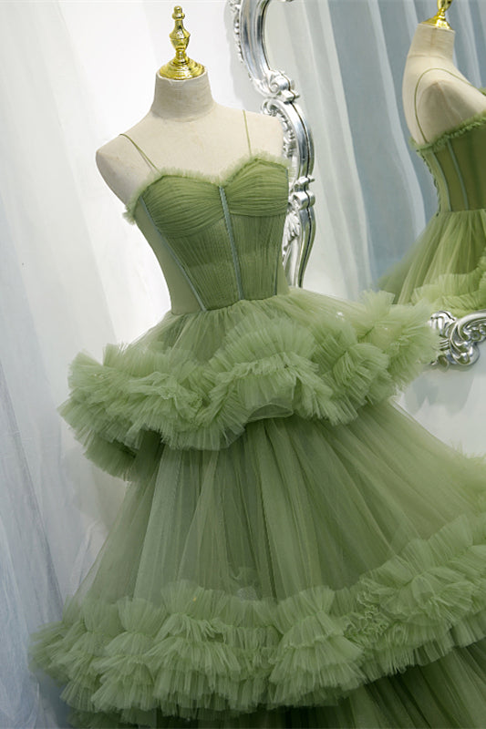 Light Green Straps Ruffle-Layers Pleated Maxi Formal Dress