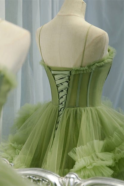 Light Green Straps Ruffle-Layers Pleated Maxi Formal Dress