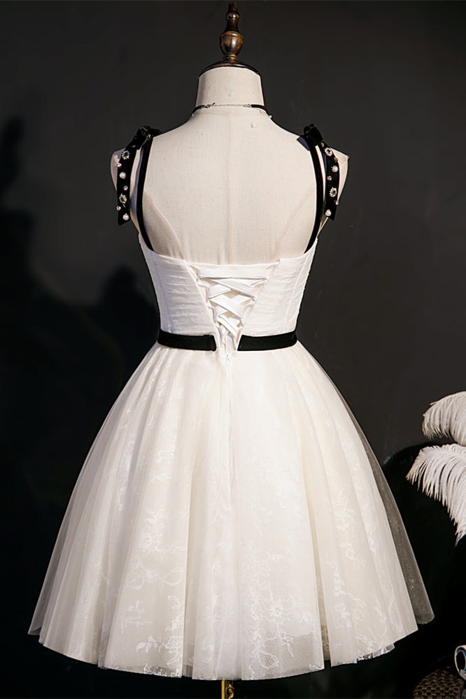 Beige Beaded Bow Tie Buttons Homecoming Dress with Sash