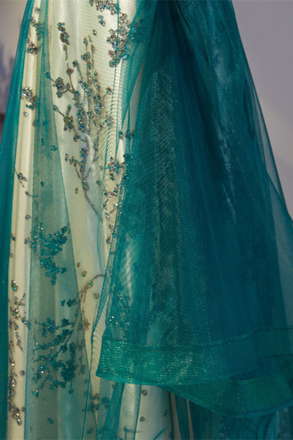 Black and Green Off-the-Shoulder Bead-Embroidered Maxi Formal Dress
