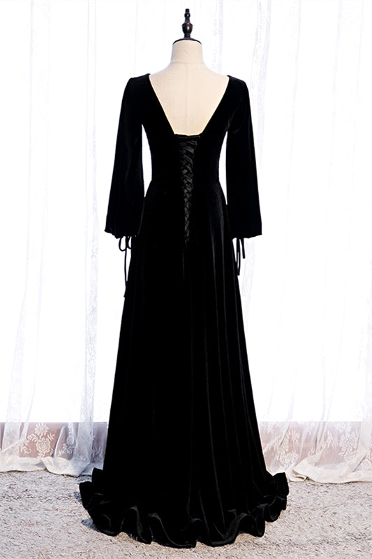V-Neck Long Sleeves A-Line Open Back Velvet Party Evening Dress