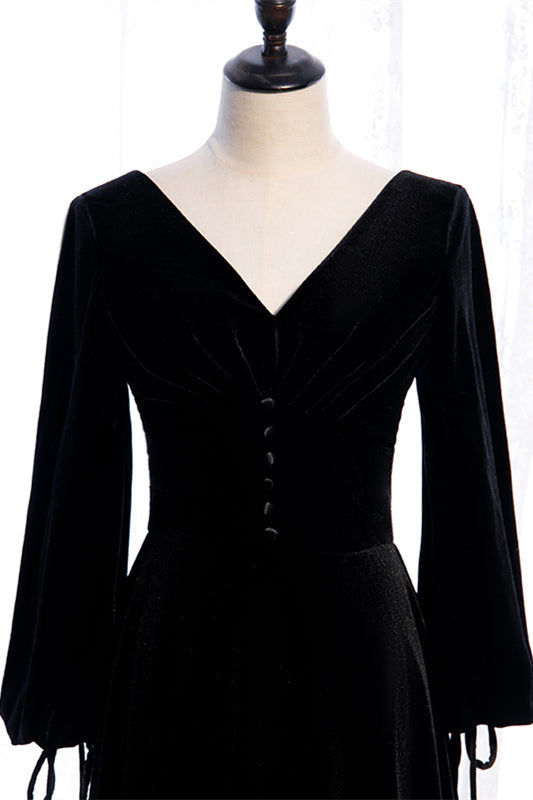 V-Neck Long Sleeves A-Line Open Back Velvet Party Evening Dress