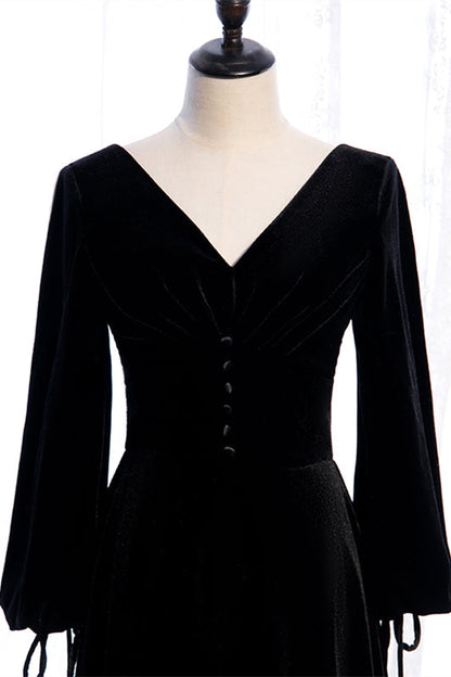 V-Neck Long Sleeves A-Line Open Back Velvet Party Evening Dress