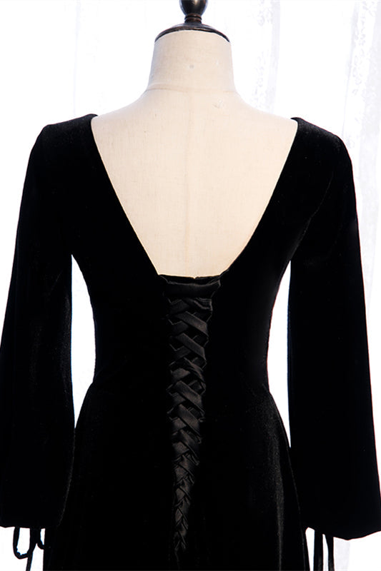 V-Neck Long Sleeves A-Line Open Back Velvet Party Evening Dress