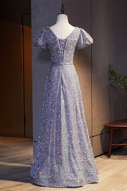 Lavender A-line Scoop Neck Puff Sleeves Sequins Maxi Formal Dress with Sash
