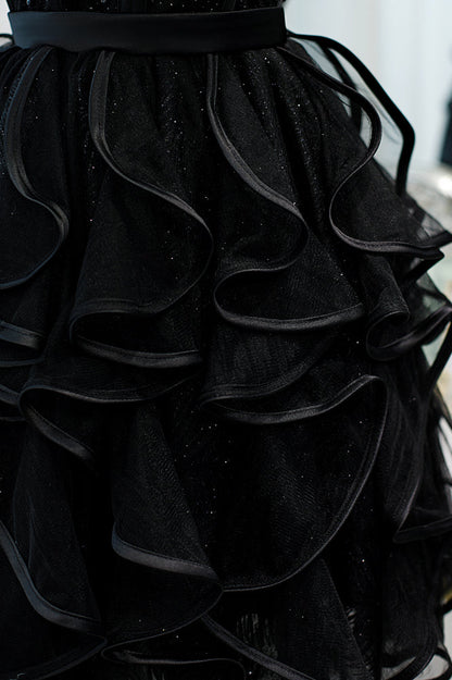 Black Straps Beaded Ruffle-Layers Tulle Homecoming Dress