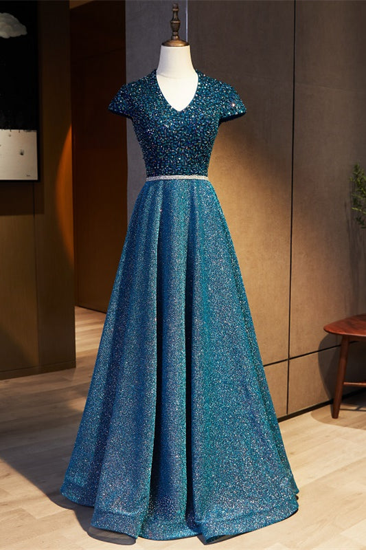 Sparkly A-Line V-Neck Cap Sleeves Beaded Empire Prom Dress