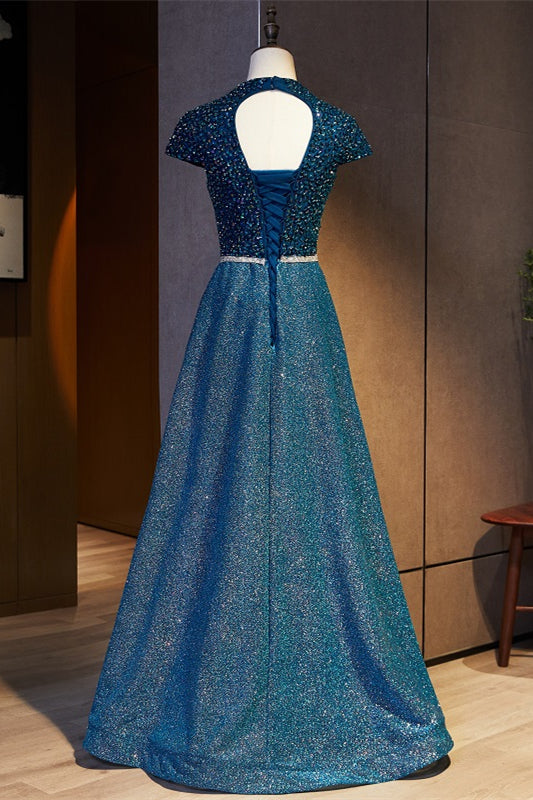 Sparkly A-Line V-Neck Cap Sleeves Beaded Empire Prom Dress