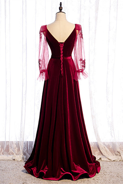 V-Neck Long Sleeves A-Line Velvet Party Dress