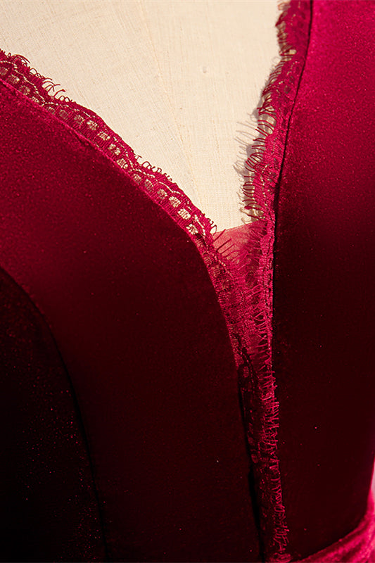 V-Neck Long Sleeves A-Line Velvet Party Dress