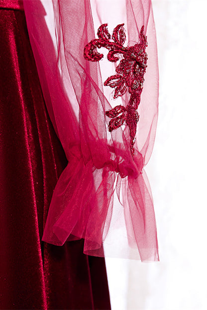 V-Neck Long Sleeves A-Line Velvet Party Dress