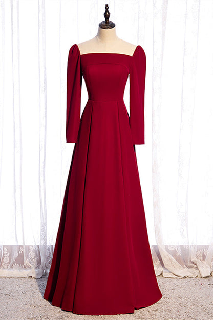Square Long Sleeves A-Line Satin Red Party Dress