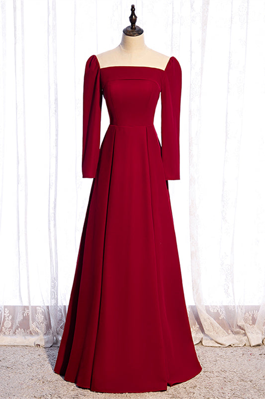 Square Long Sleeves A-Line Satin Red Party Dress