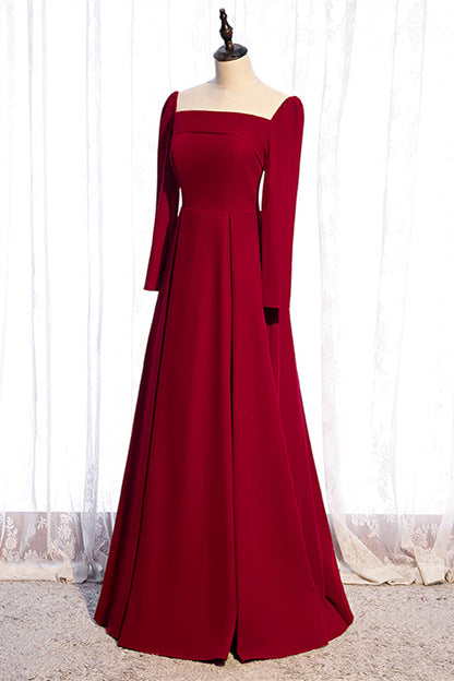 Square Long Sleeves A-Line Satin Red Party Dress