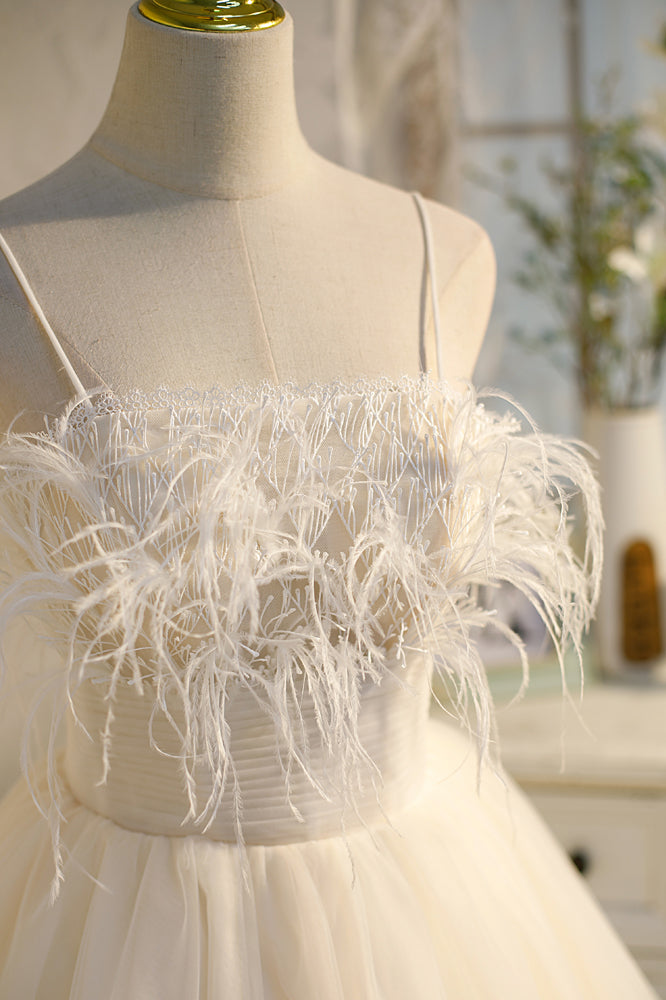 Champagne Feathers Straps Pleated Tulle Homecoming Dress