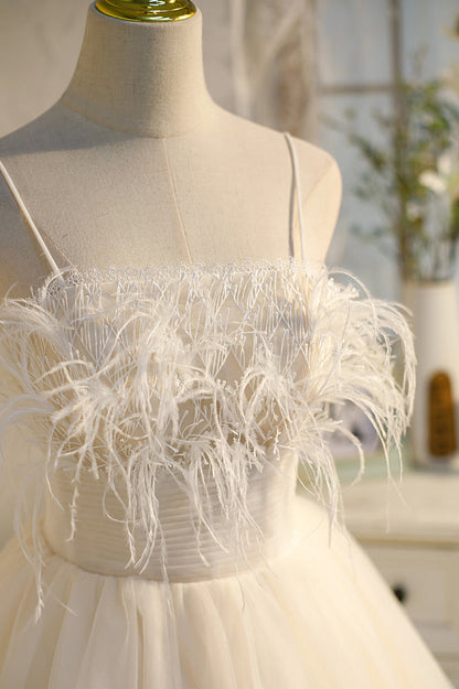Champagne Feathers Straps Pleated Tulle Homecoming Dress