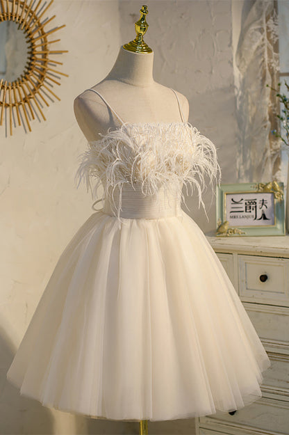 Champagne Feathers Straps Pleated Tulle Homecoming Dress