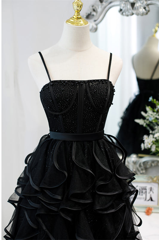 Black Straps Beaded Ruffle-Layers Tulle Homecoming Dress