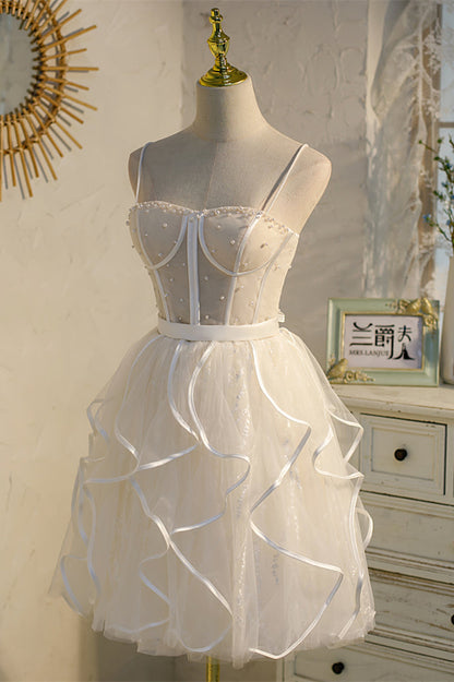 Black Straps Beaded Ruffle-Layers Tulle Homecoming Dress