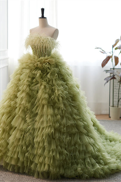 Green Strapless Boning Ruffle-Layers Formal Dress with Feathers