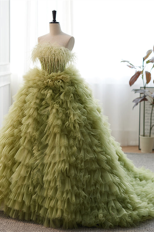 Green Strapless Boning Ruffle-Layers Formal Dress with Feathers