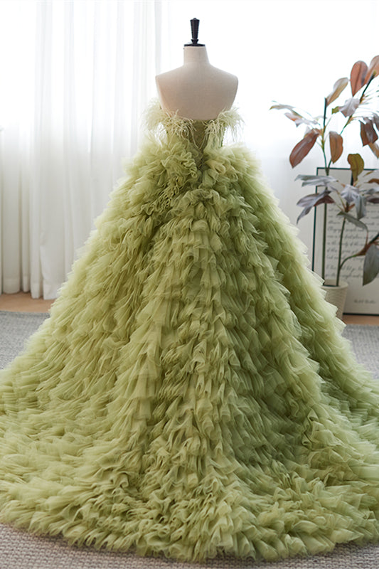 Green Strapless Boning Ruffle-Layers Formal Dress with Feathers