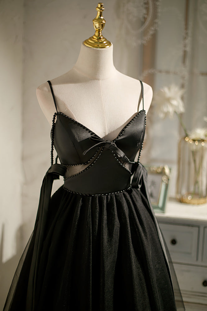Black Beaded Cut-Out Bow Tie Straps Homecoming Dress