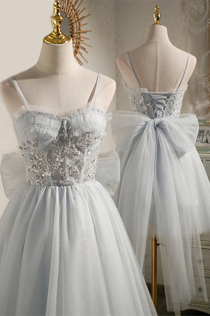 Light Blue Bow Tie Off-the-Shoulder Ruffle Beaded Homecoming Dress