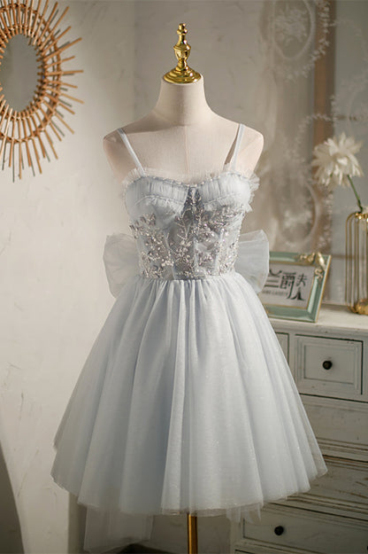 Light Blue Bow Tie Off-the-Shoulder Ruffle Beaded Homecoming Dress