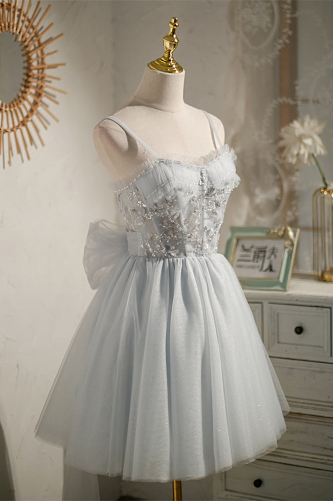 Light Blue Bow Tie Off-the-Shoulder Ruffle Beaded Homecoming Dress