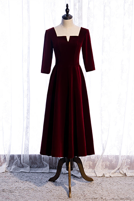 Velvet Burgundy A-Line Half Sleeves Party Evening Dress