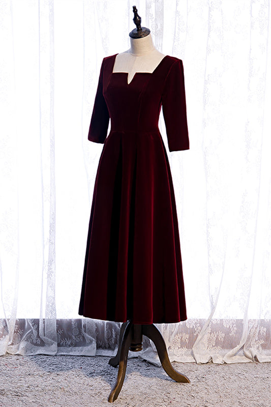 Velvet Burgundy A-Line Half Sleeves Party Evening Dress