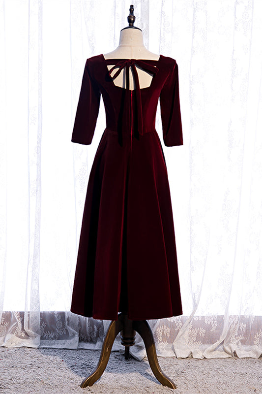 Velvet Burgundy A-Line Half Sleeves Party Evening Dress