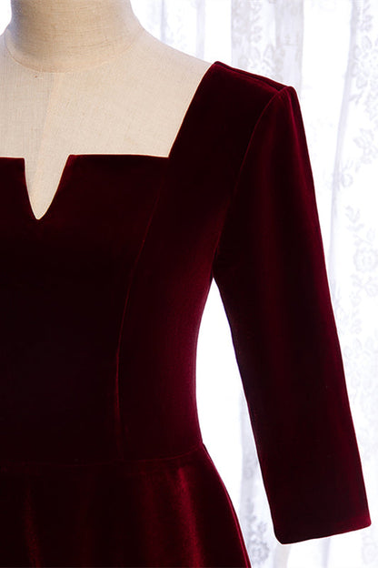 Velvet Burgundy A-Line Half Sleeves Party Evening Dress