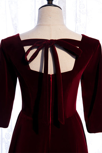 Velvet Burgundy A-Line Half Sleeves Party Evening Dress