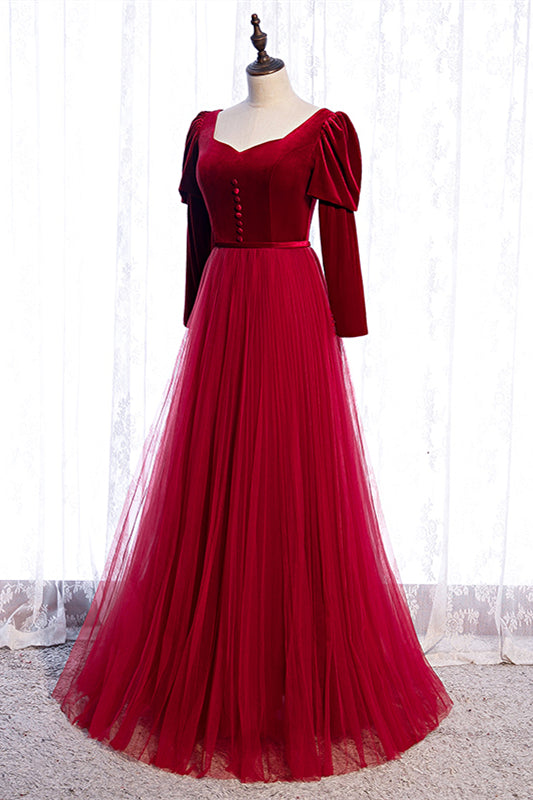 Long Sleeves A-Line Velvet And Tulle Party Prom Dress