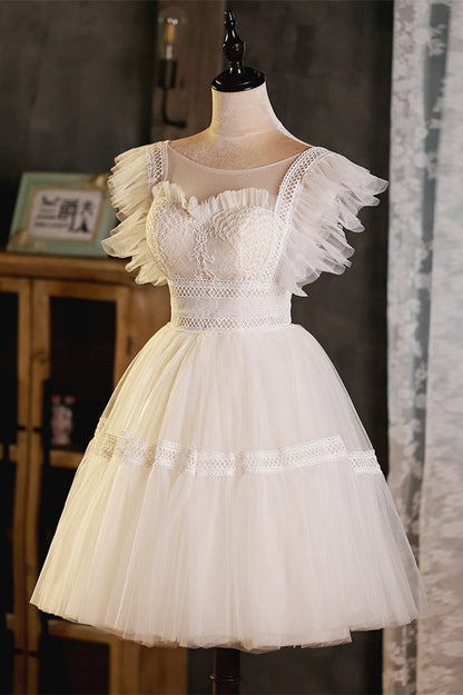 Champagne Flutter Sleeves Lace Ruffles Homecoming Dress