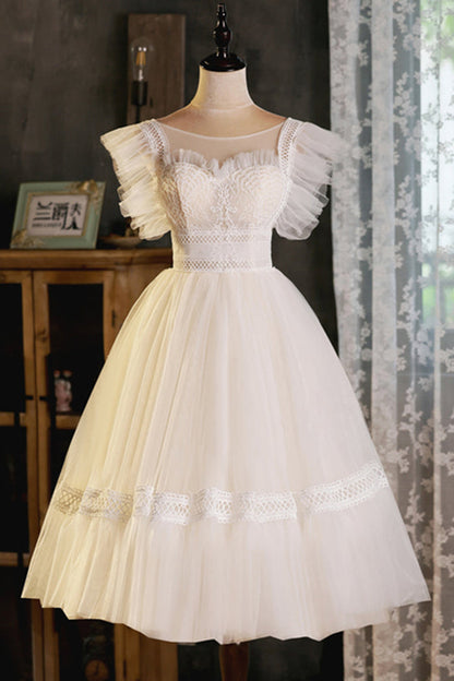 Champagne Flutter Sleeves Lace Ruffles Homecoming Dress