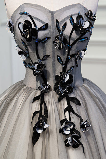 Grey Strapless 3D Appliques Tulle Homecoming Dress