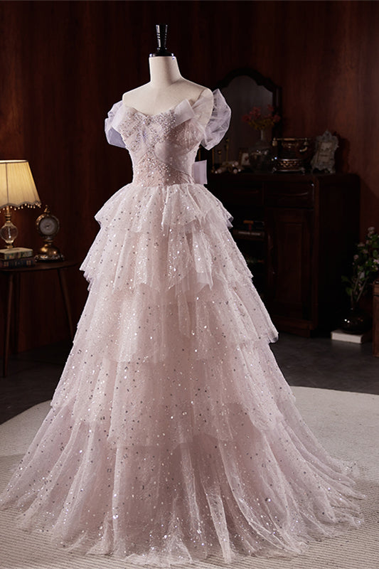 Pink Purple Off-the-Shoulder Beaded Multi-Layers Maxi Formal Dress