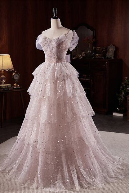 Pink Purple Off-the-Shoulder Beaded Multi-Layers Maxi Formal Dress